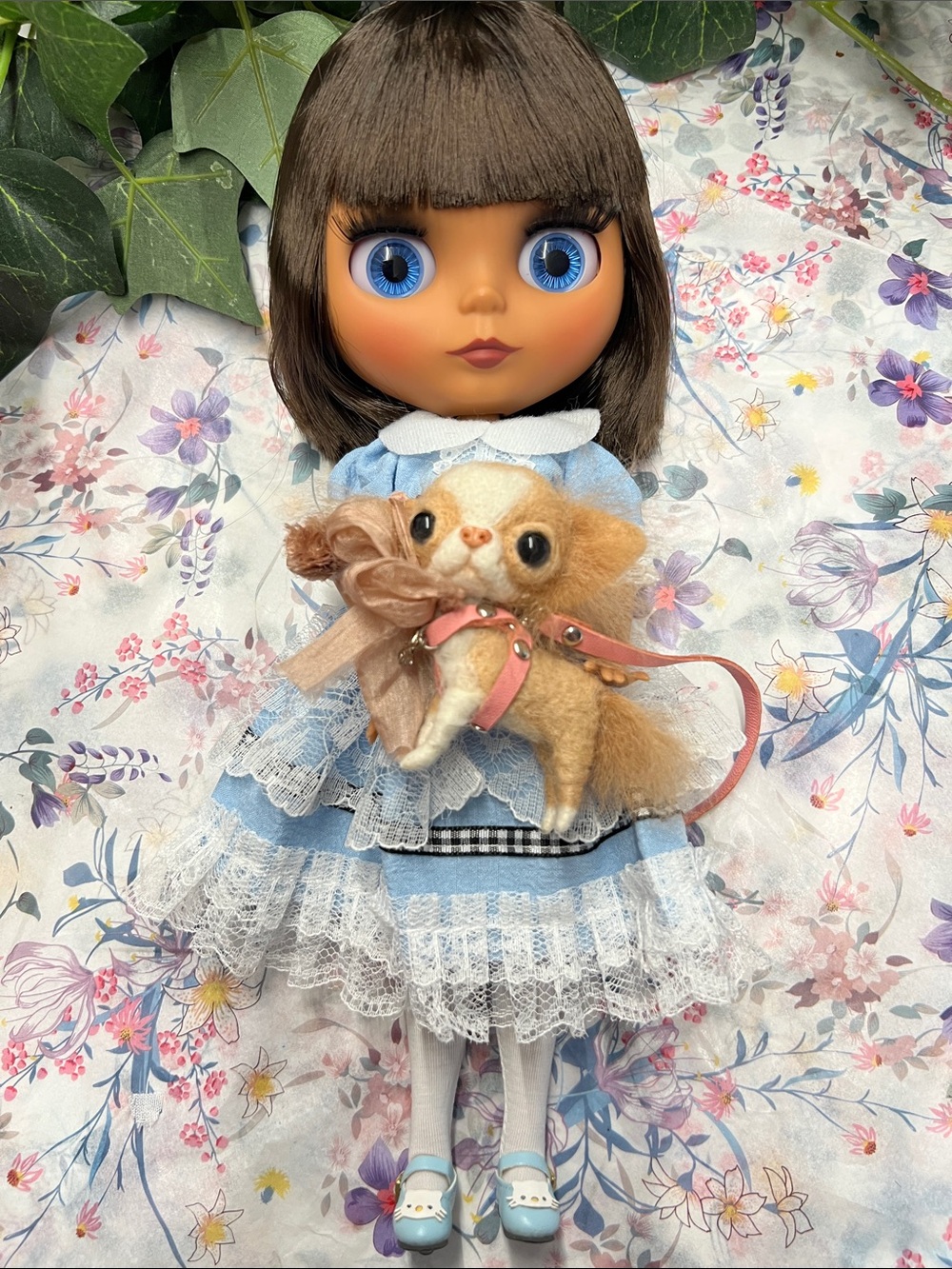 NWT Blythe-Style Doll/Blue Dress/Blk Bow/Pearl Accent/Blue Shoes-White Kitties